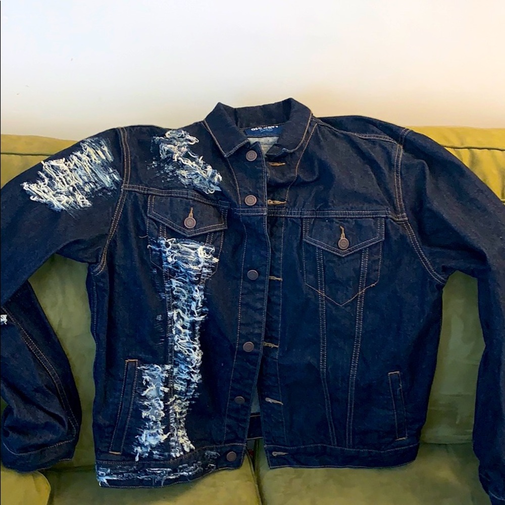 Custom distressed navy denim jacket